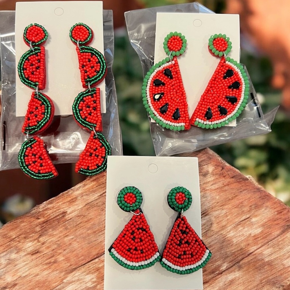 Watermelon Beaded Statement Earrings/Fun Summer Fruit Drop Jewelry 🍉